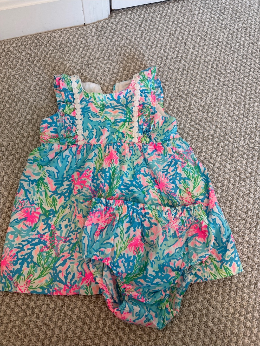 Lilly Pulitzer Turquoise Pink Green Coral-Print Ruffle Dress with Bloomers